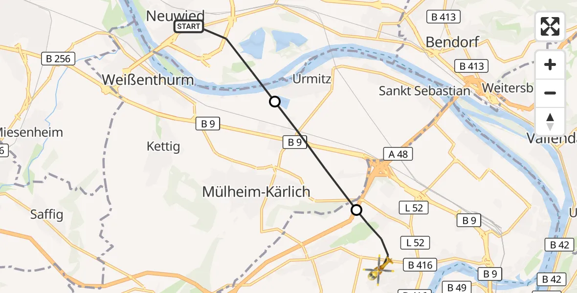 Flugroute Rettungshubschrauber Neuwied - Koblenz, 13 August 2026, 09:16