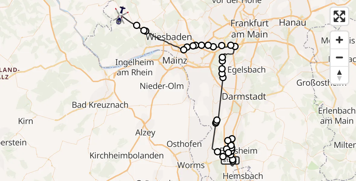 Flugroute Polizeihubschrauber Lorsch - Heidenrod, 13 August 2026, 09:19