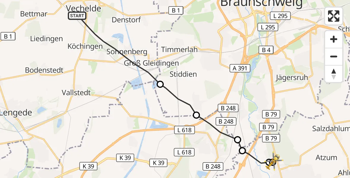 Flugroute Rettungshubschrauber Vechelde - Wolfenbüttel Municipal Hospital Heliport (Christoph 30), 13 August 2026, 09:21