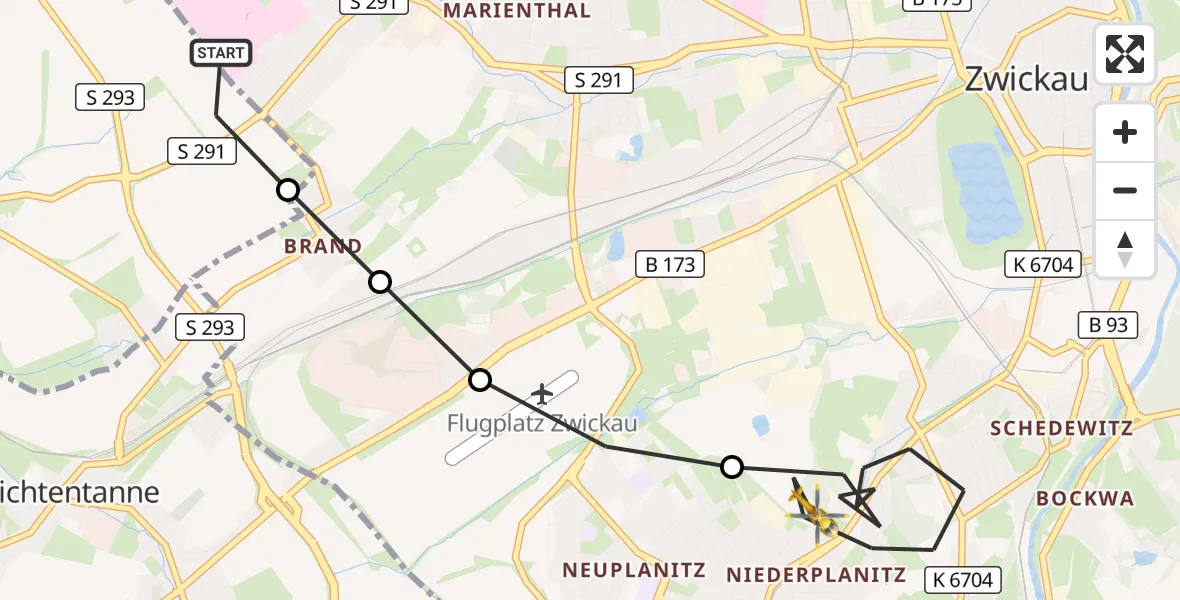 Flugroute Rettungshubschrauber ADAC Air Rescue Station Zwickau Hubschrauberlandeplatz - Zwickau, 13 August 2026, 09:22
