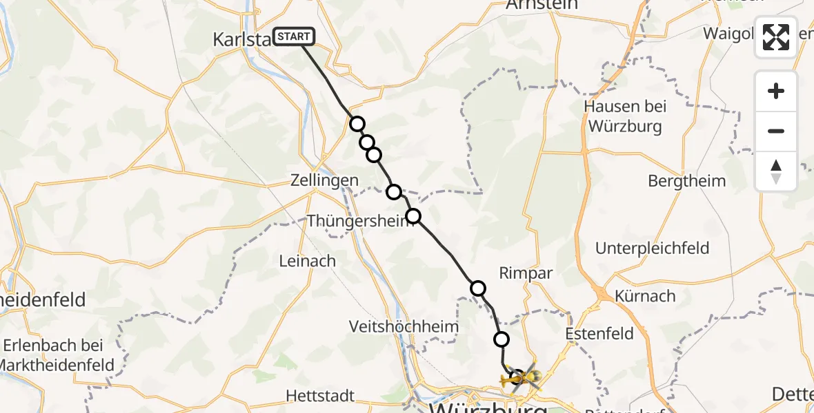 Flugroute Rettungshubschrauber Karlstadt - Würzburg University Hospital Straubmühlweg, 13 August 2026, 09:22