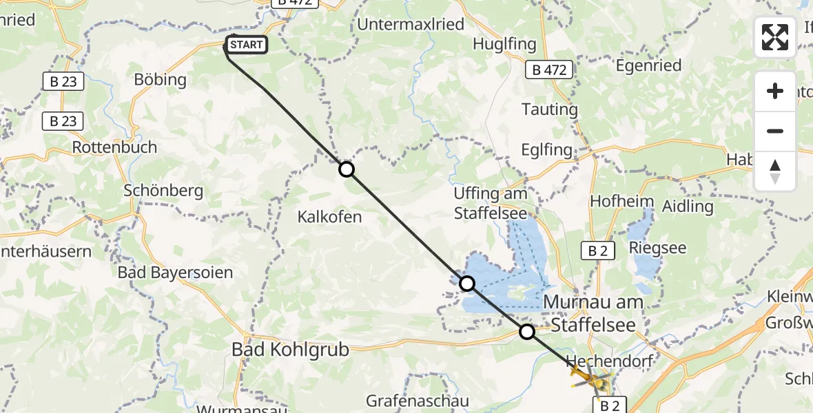 Flugroute Rettungshubschrauber Böbing - Murnau a.Staffelsee, 13 August 2026, 09:25