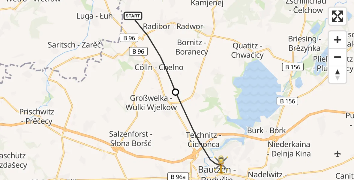 Flugroute Rettungshubschrauber Radibor - Bautzen, 13 August 2026, 09:26