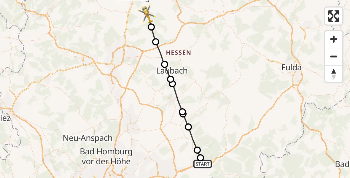 Flugroute Rettungshubschrauber Gelnhausen - Ebsdorfergrund, 13 August 2026, 09:28