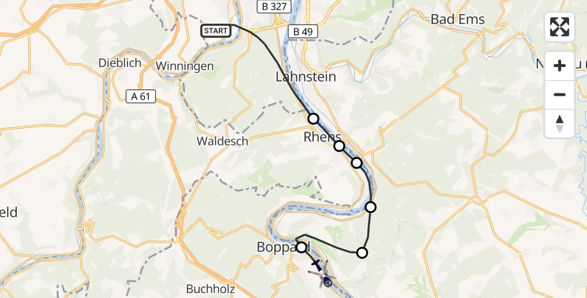 Flugroute Polizeihubschrauber Koblenz - Boppard, 13 August 2026, 09:30
