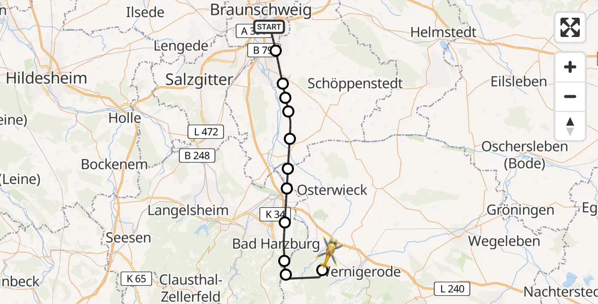 Flugroute Rettungshubschrauber Braunschweig - Ilsenburg (Harz), 13 August 2026, 09:30