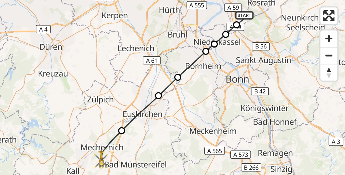 Flugroute Rettungshubschrauber Köln Bonn Flughafen - Mechernich, 13 August 2026, 09:30