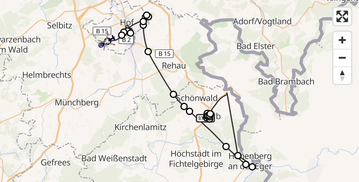 Flugroute Polizeihubschrauber Selb - Hof-Plauen Flughafen, 13 August 2026, 09:32