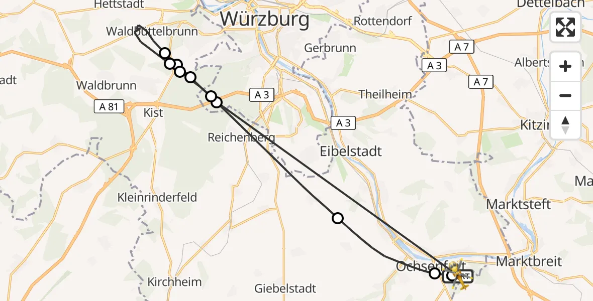 Flugroute Rettungshubschrauber Ochsenfurt Hospital - Ochsenfurt Hospital, 13 August 2026, 09:35