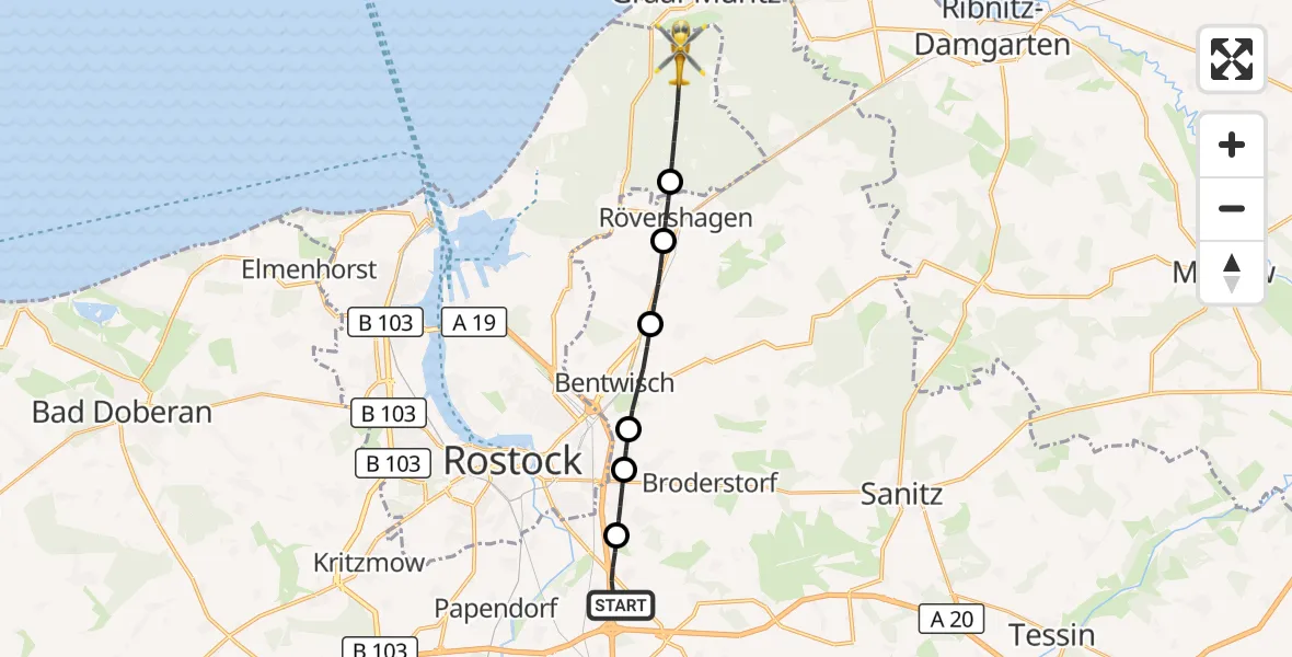 Flugroute Ambulanzhubschrauber Dummerstorf - Rostock, 13 August 2026, 09:38