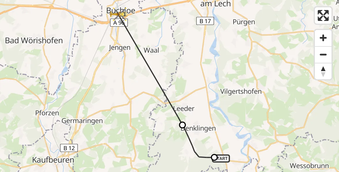Flugroute Rettungshubschrauber Kinsau - Sankt Josef Hospital, 13 August 2026, 09:43