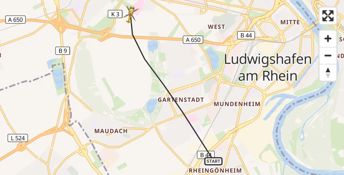 Flugroute Rettungshubschrauber Ludwigshafen am Rhein - Ludwigshafen Accident Hospital Hubschrauberlandeplatz, 13 August 2026, 09:44
