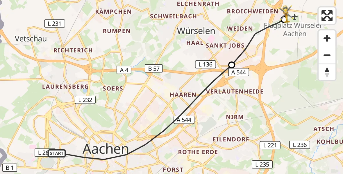 Flugroute Rettungshubschrauber Aachen - Aachen-Merzbrück Flughafen, 13 August 2026, 09:57