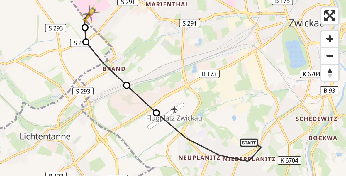 Flugroute Rettungshubschrauber Zwickau - ADAC Air Rescue Station Zwickau Hubschrauberlandeplatz, 13 August 2026, 09:58