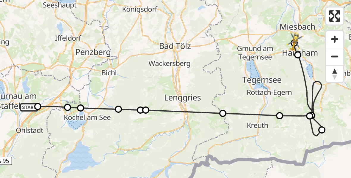 Flugroute Rettungshubschrauber Riegsee - Agatharied Hospital, 13 August 2026, 10:04