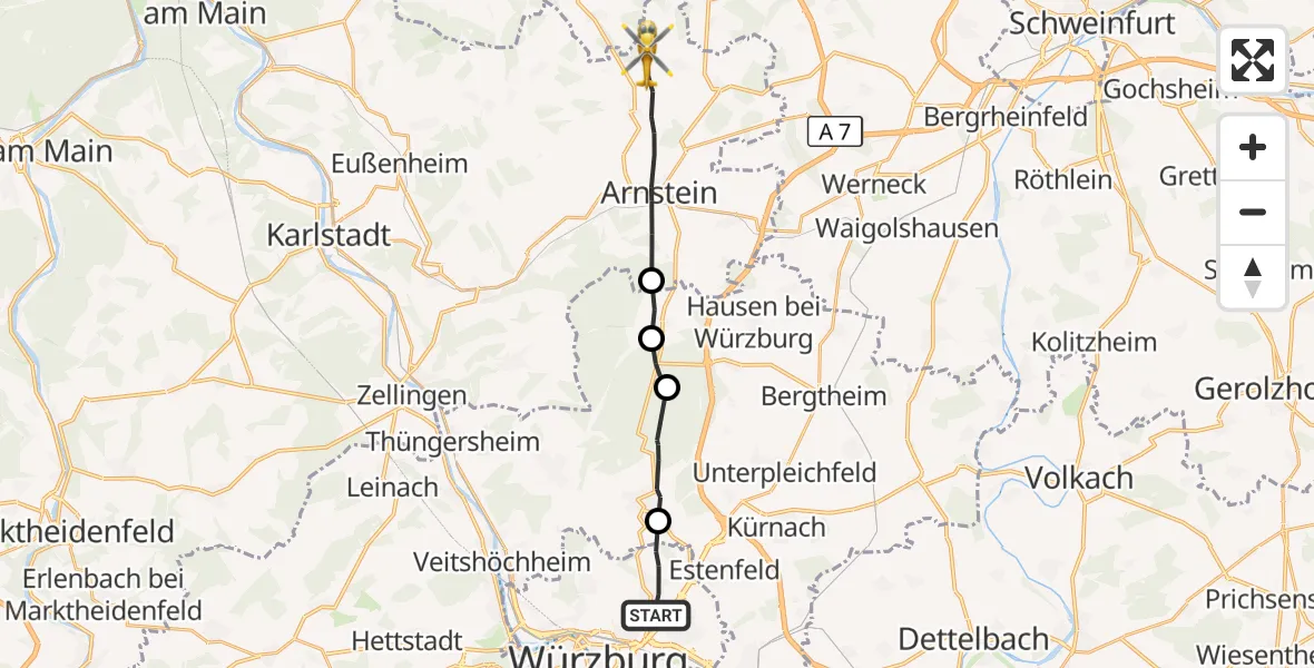 Flugroute Rettungshubschrauber Würzburg - Arnstein, 13 August 2026, 10:06