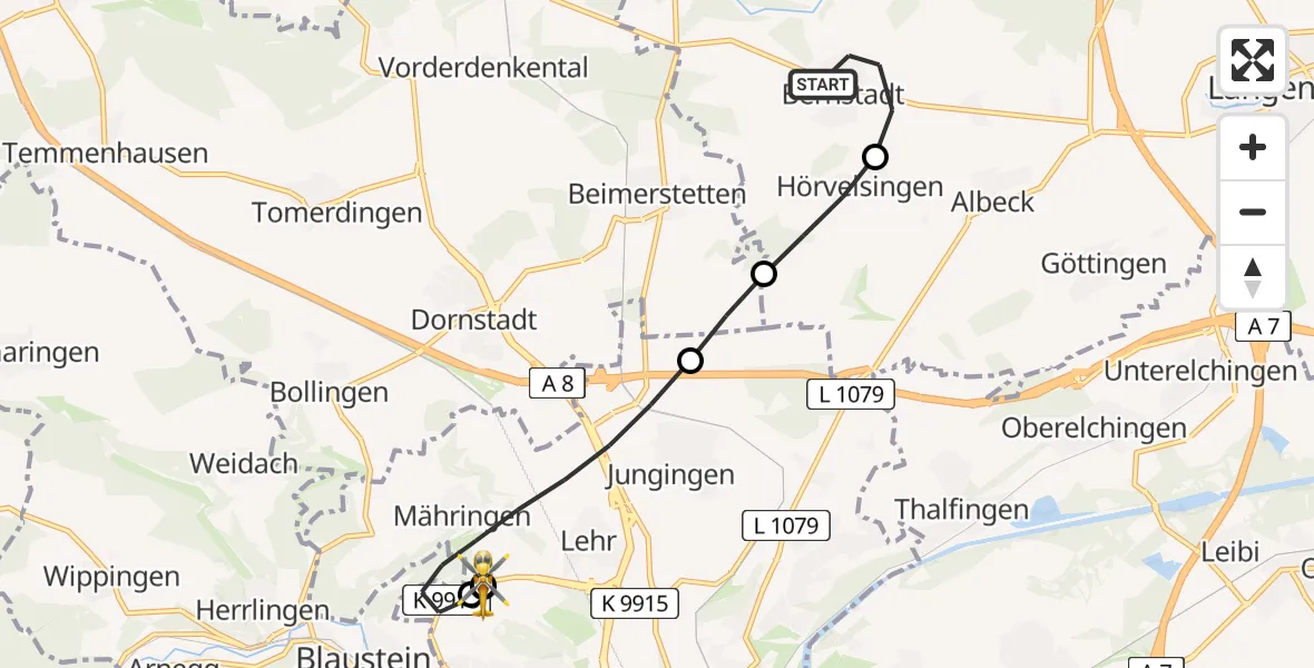 Flugroute Rettungshubschrauber Bernstadt - ADAC Air Rescue Station Ulm (Christoph 22), 13 August 2026, 10:08