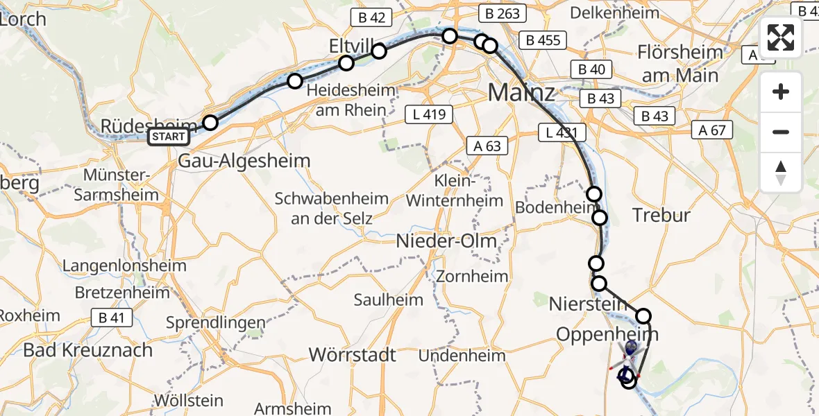 Flugroute Polizeihubschrauber Bingen am Rhein - Oppenheim, 13 August 2026, 10:08