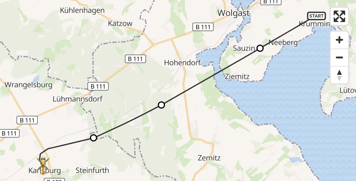 Flugroute Rettungshubschrauber Krummin - Karlsburg, 13 August 2026, 10:12