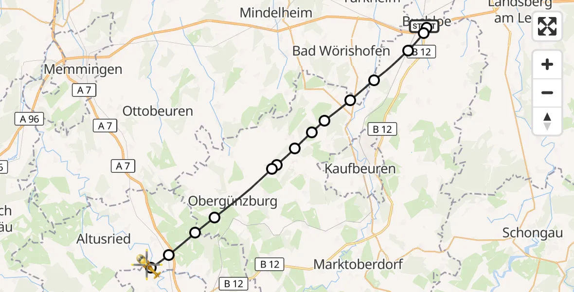 Flugroute Rettungshubschrauber Sankt Josef Hospital - Kempten (Allgäu), 13 August 2026, 10:14