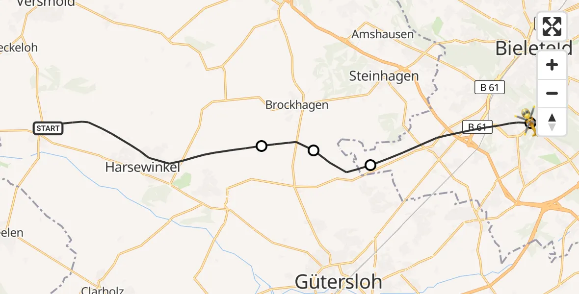 Flugroute Rettungshubschrauber Harsewinkel - Luftrettungszentrum Bielefeld, 13 August 2026, 10:16
