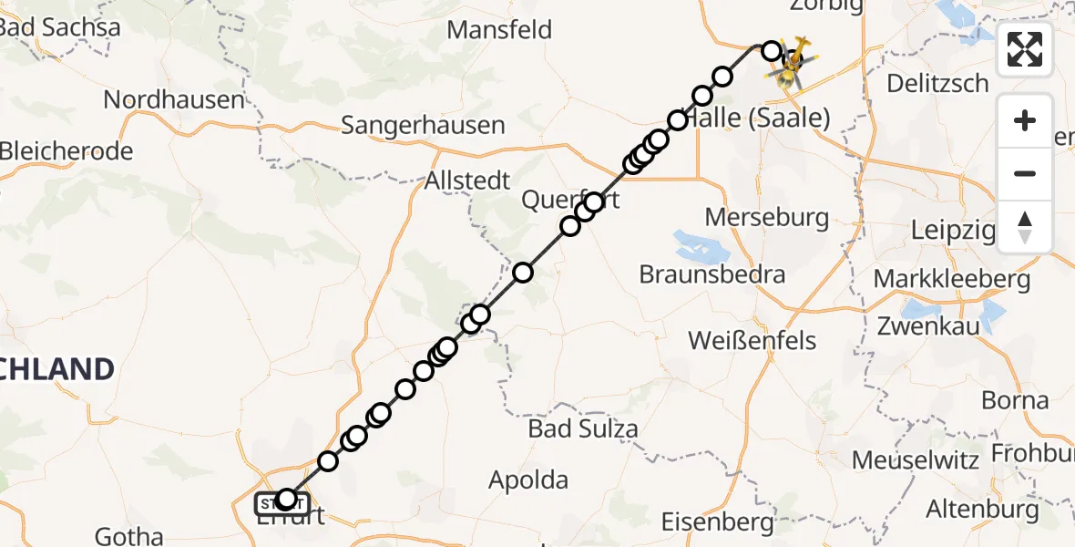 Flugroute Rettungshubschrauber Helios Clinic Erfurt - Halle-Oppin Flugplatz, 13 August 2026, 10:22