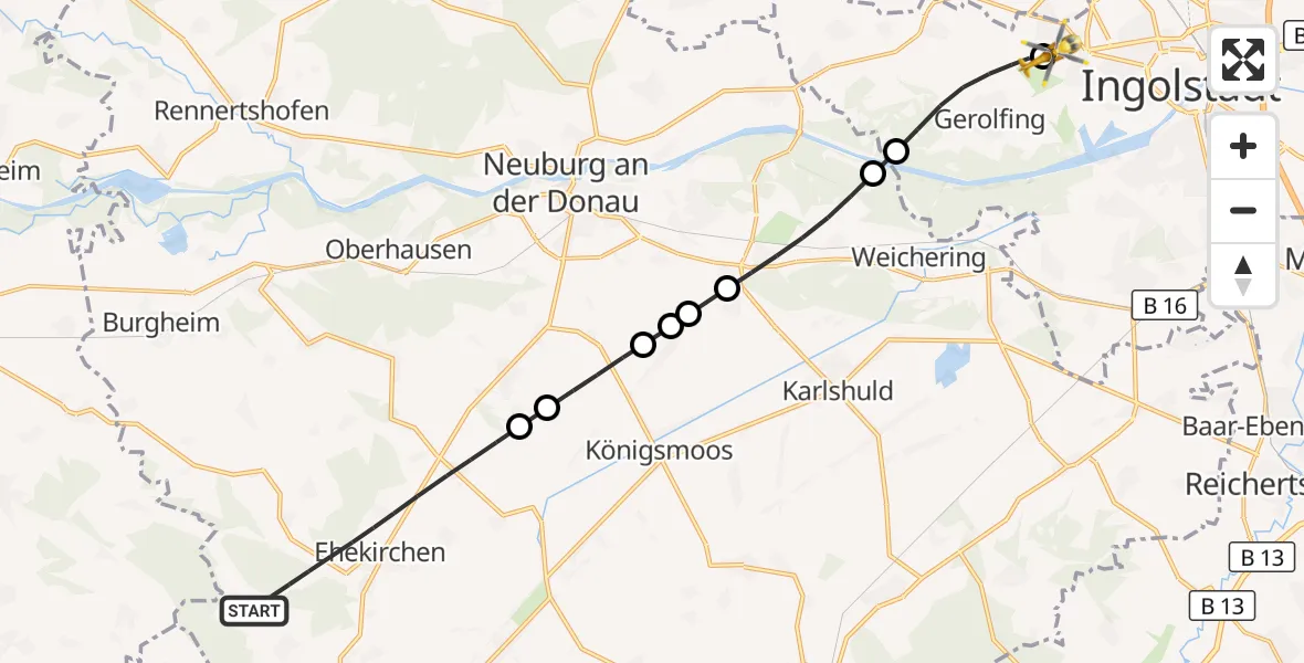Flugroute Rettungshubschrauber Ehekirchen - Ingolstadt Hospital, 13 August 2026, 10:22