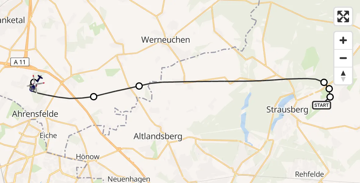 Flugroute Polizeihubschrauber Strausberg - Ahrensfelde Hubschrauberlandeplatz, 13 August 2026, 10:23