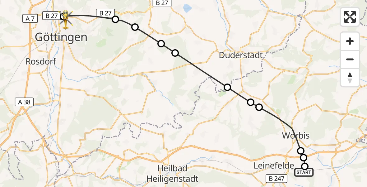 Flugroute Rettungshubschrauber Niederorschel - Göttingen University Clinic Hubschrauberlandeplatz, 13 August 2026, 10:24
