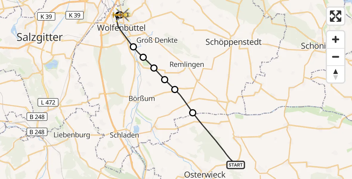 Flugroute Rettungshubschrauber Osterwieck - Wolfenbüttel Municipal Hospital Heliport (Christoph 30), 13 August 2026, 10:32