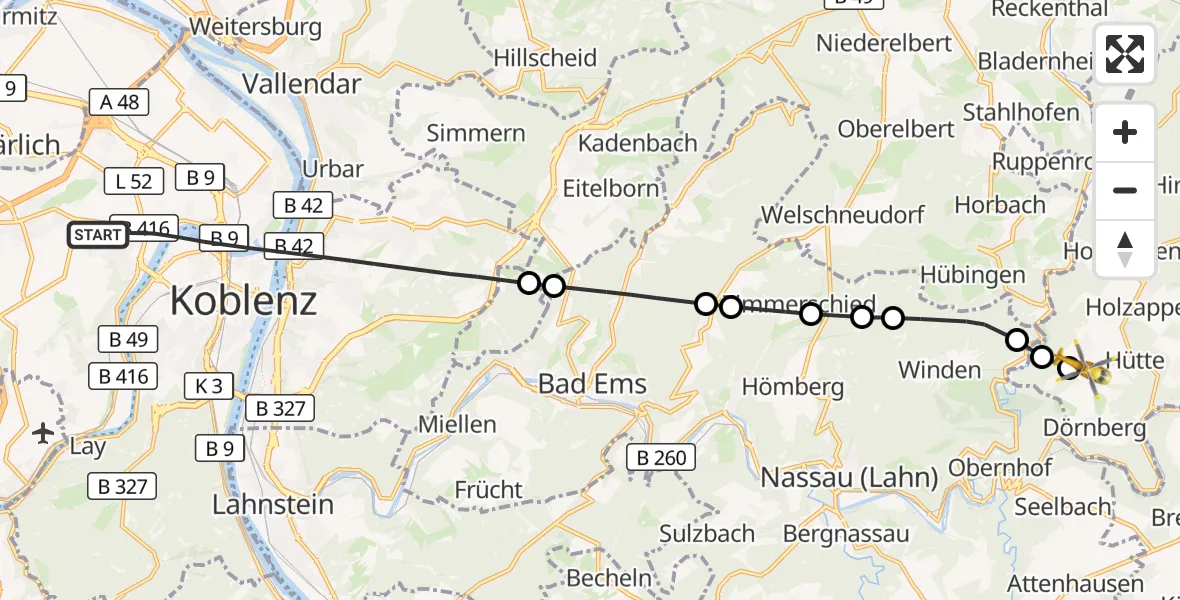 Flugroute Rettungshubschrauber Koblenz - Dörnberg, 13 August 2026, 10:32