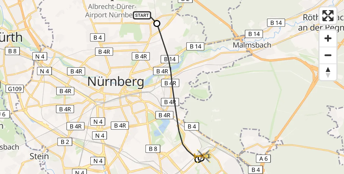 Flugroute Rettungshubschrauber Flughafen Nuremberg - Nürnberg South Hospital, 13 August 2026, 10:38