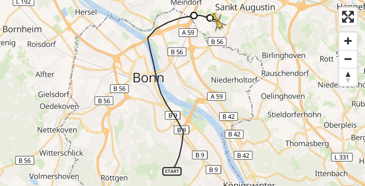 Flugroute Ambulanzhubschrauber Bonn - Bonn-Hangelar Flugplatz, 13 August 2026, 10:38