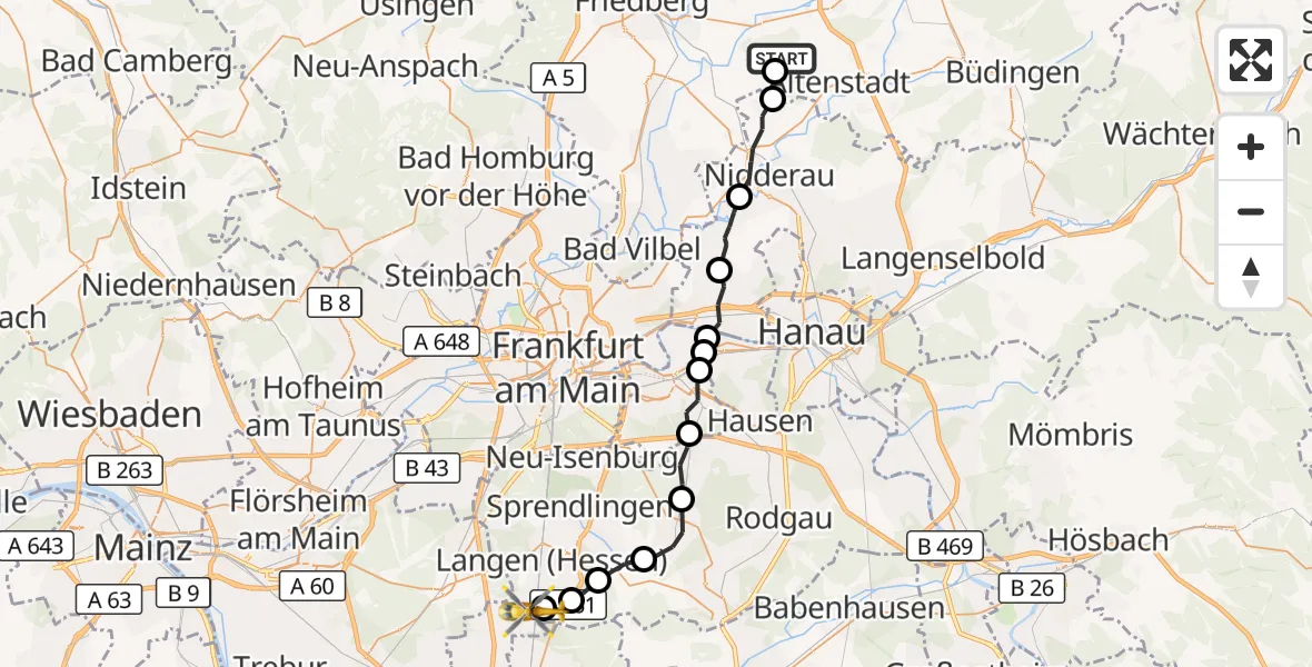 Flugroute Ambulanzhubschrauber Florstadt - Flughafen Frankfurt-Egelsbach, 13 August 2026, 10:43