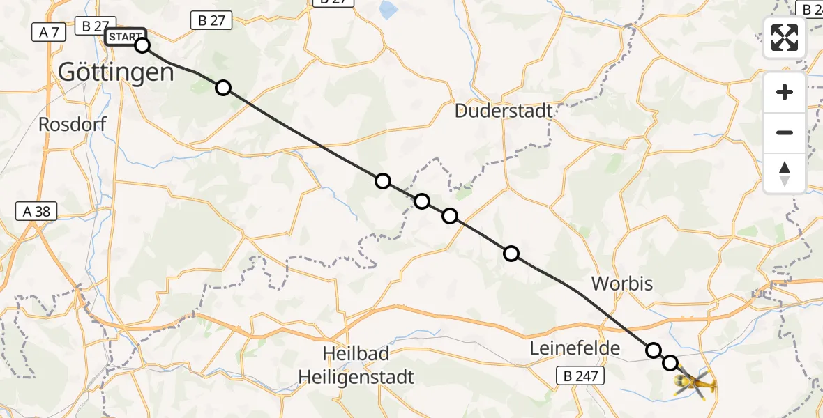 Flugroute Rettungshubschrauber Göttingen University Clinic Hubschrauberlandeplatz - Niederorschel, 13 August 2026, 10:49