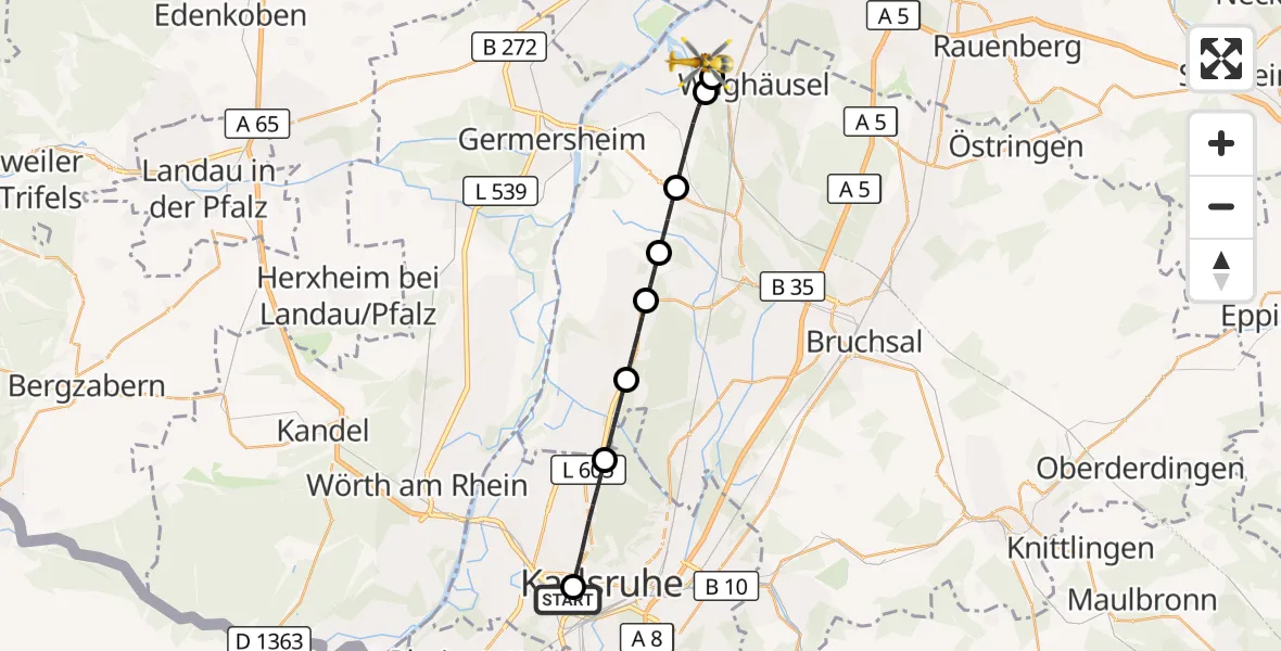 Flugroute Ambulanzhubschrauber Sankt Vincentius Hospital - Oberhausen-Rheinhausen, 13 August 2026, 10:56