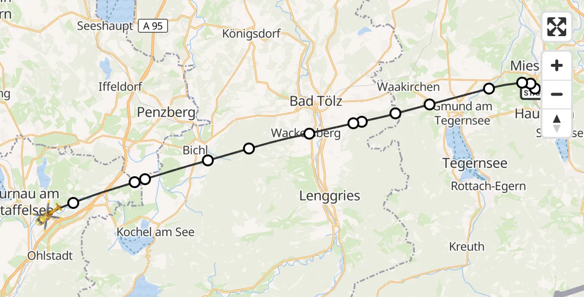 Flugroute Rettungshubschrauber Agatharied Hospital - Ohlstadt, 13 August 2026, 10:58