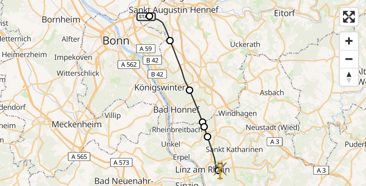Flugroute Ambulanzhubschrauber Bonn-Hangelar Flugplatz - Dattenberg, 13 August 2026, 11:01