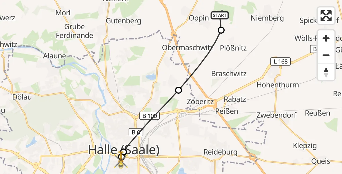 Flugroute Rettungshubschrauber Halle-Oppin Flugplatz - Sankt Elisabeth and Sankt Barbara Hospital Halle (Saale), 13 August 2026, 11:07