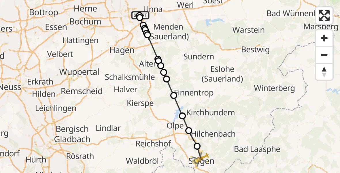 Flugroute Rettungshubschrauber Dortmund Flughafen - Siegen, 13 August 2026, 11:10