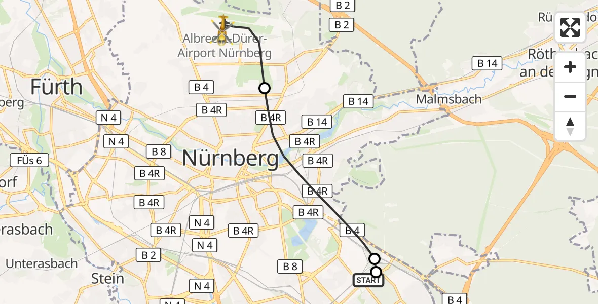 Flugroute Rettungshubschrauber Nürnberg South Hospital - Flughafen Nuremberg, 13 August 2026, 11:11