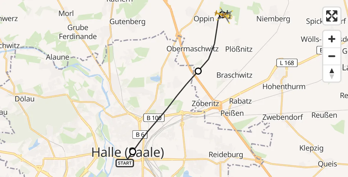 Flugroute Rettungshubschrauber Sankt Elisabeth and Sankt Barbara Hospital Halle (Saale) - Halle-Oppin Flugplatz, 13 August 2026, 11:13