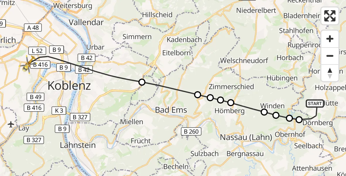 Flugroute Rettungshubschrauber Dörnberg - Koblenz, 13 August 2026, 11:14