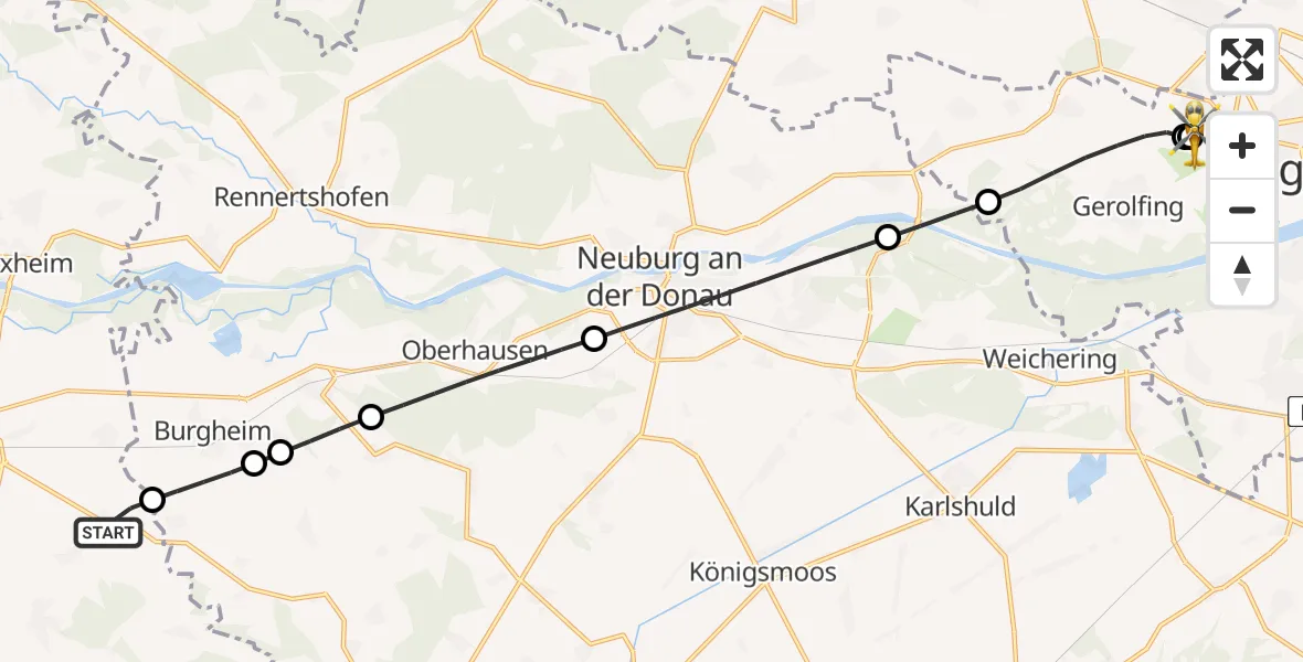 Flugroute Rettungshubschrauber Rain - Ingolstadt Hospital, 13 August 2026, 11:17