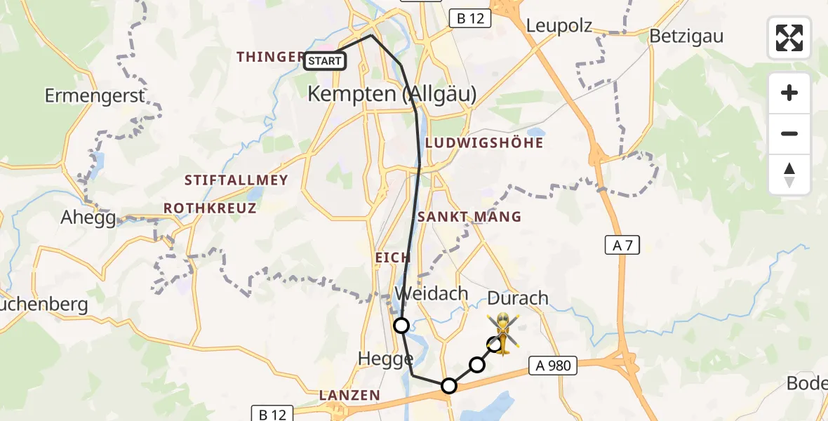 Flugroute Rettungshubschrauber Kempten (Allgäu) - Kempten-Durach Flugplatz, 13 August 2026, 11:17