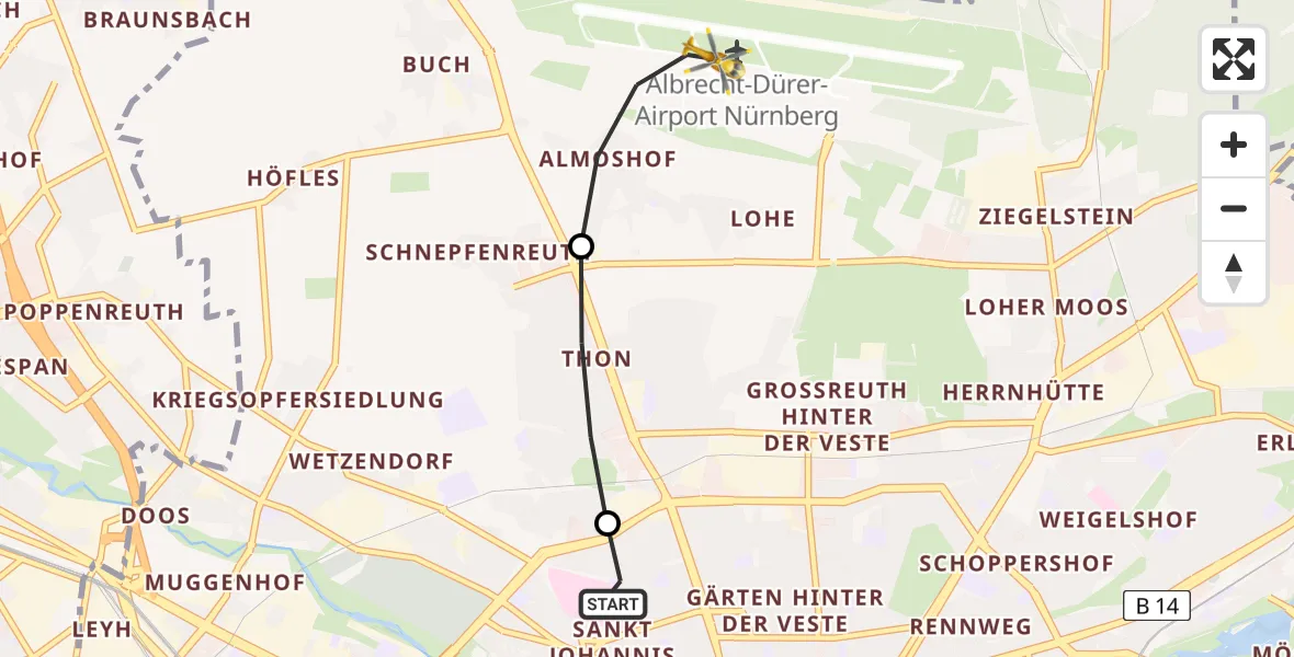 Flugroute Ambulanzhubschrauber Nürnberg North Hospital - Flughafen Nuremberg, 13 August 2026, 11:17