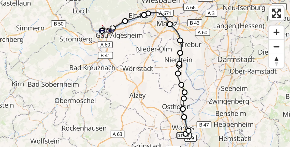 Flugroute Polizeihubschrauber Worms Flugplatz - Bingen am Rhein, 13 August 2026, 11:17