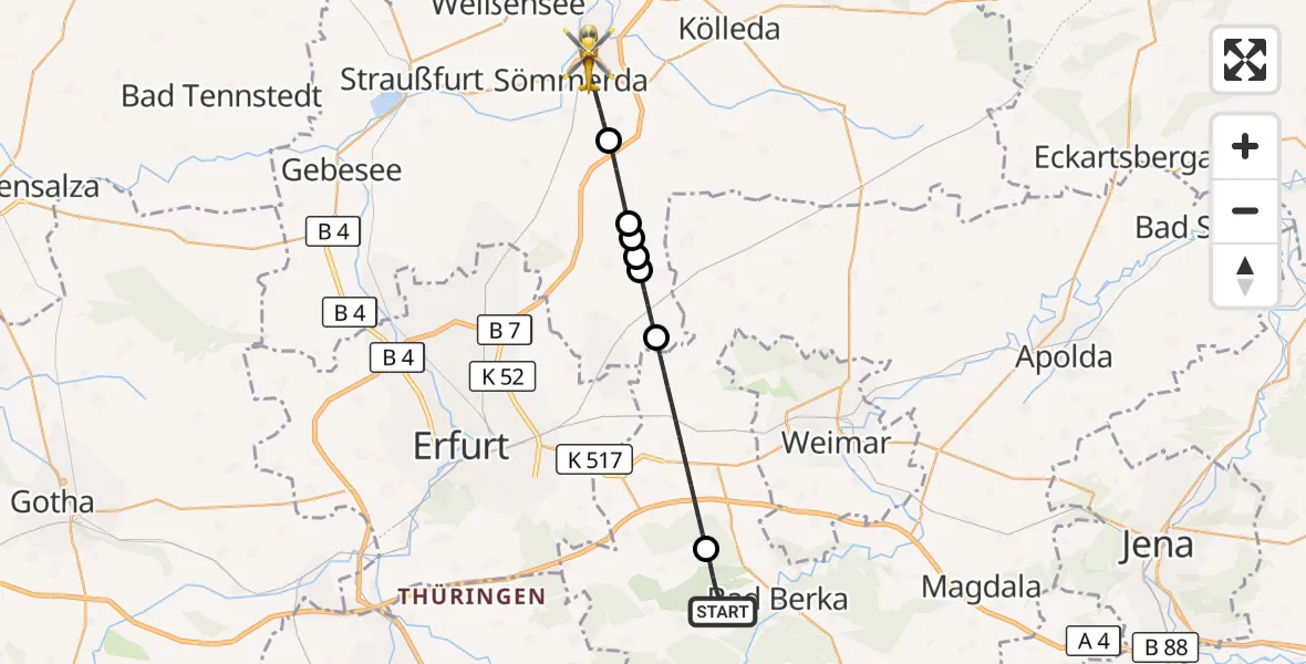 Flugroute Ambulanzhubschrauber Bad Berka - Sömmerda, 13 August 2026, 11:18