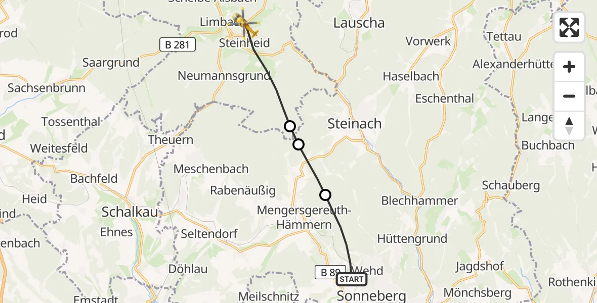 Flugroute Rettungshubschrauber Sonneberg - Neuhaus am Rennweg, 13 August 2026, 11:20