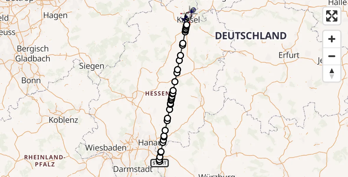 Flugroute Polizeihubschrauber Flugplatz Aschaffenburg - Fuldatal Bundespolizei Hubschrauberlandeplatz, 13 August 2026, 11:26